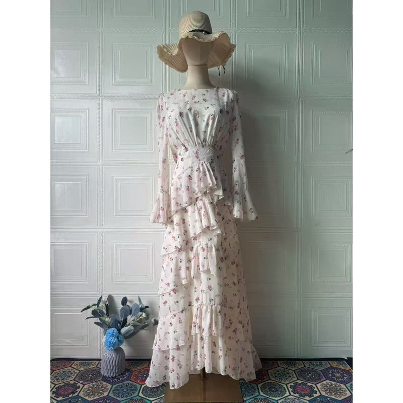 

Мода Ветер Новое поступление Мода Темперамент Принт Воланы Длинные рукава Платье Платье с принтом и воланами White 2XL