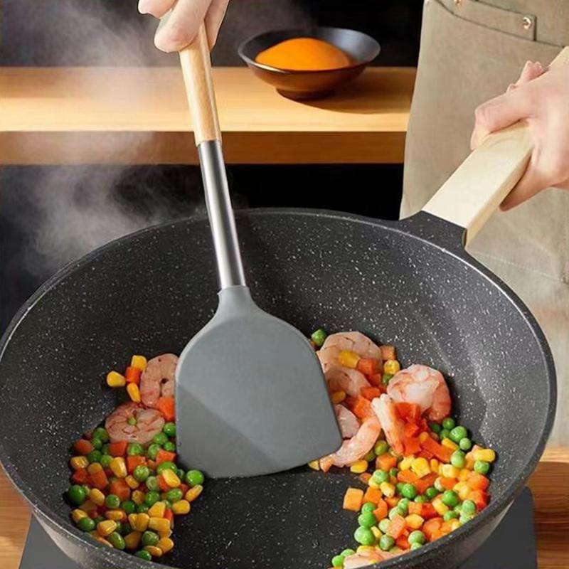 Silicone Kitchen Utensils Wooden Handle Non Stick Pot Kitchenware Cooking Heat-Resistant Soup Spoon Pasta Colander Shovel