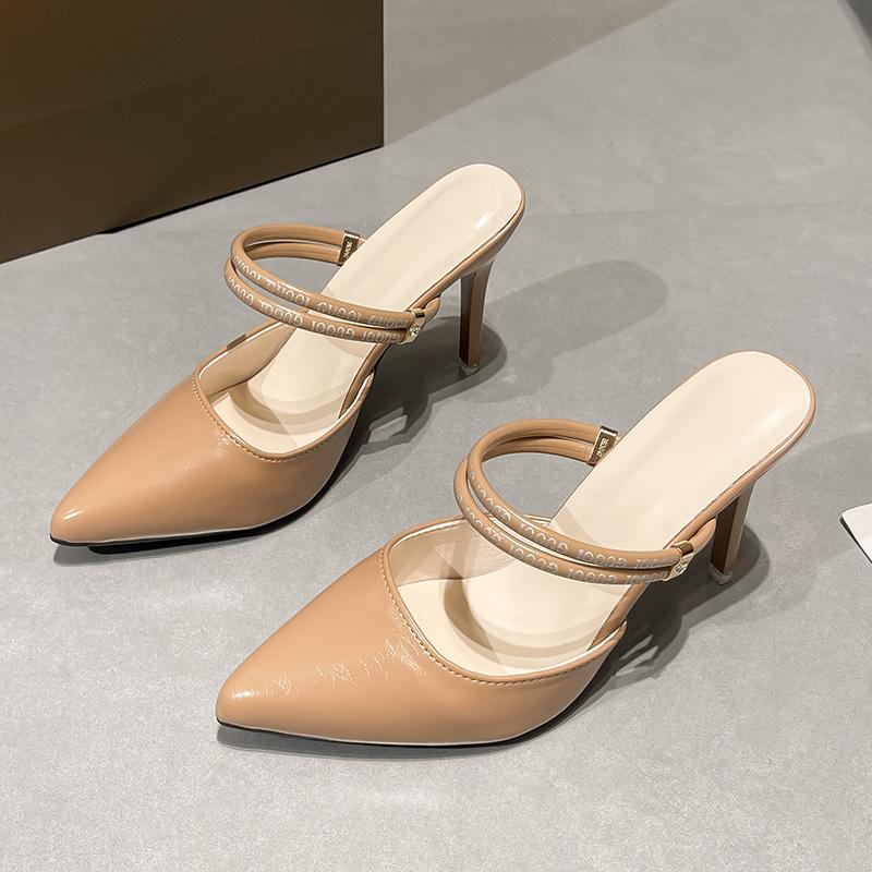 Fashion Summer New Baotou Sandals Women's Fashion Pointy Toe Shallow Mouth Slip-off Anti-slip Wear-resistant Stiletto Heels