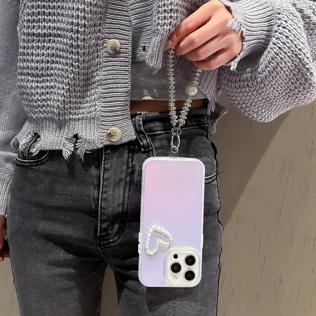 For iPhone 14 Pro Max Matte Case Laser Effect Pearls Heart Decor Smart Phone Cover with Wrist Strap