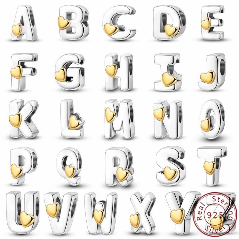 Copper 26 Letter English Alphabet Charms Beads Gold Heart Pendant Fit Original Bracelet Diy Jewelry Making As Gifts