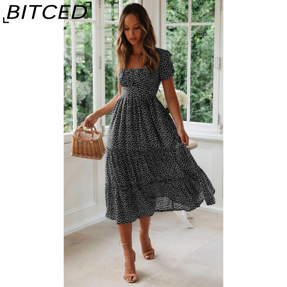 BITCED Summer Love Polka Dot Dress Women Casual A-Line Short Sleeve Square Collar Ruffle Midi Dress Chiffon Red Black Blue Green