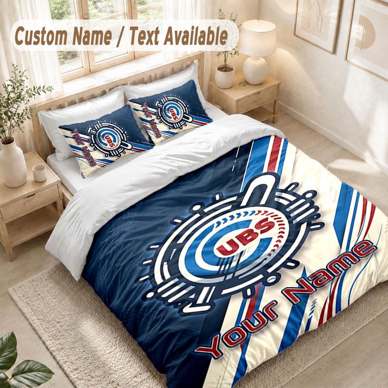 Custom Name Bedding Set 3 PiecesChicago Cubs Print Duvet Cover + 2 Pillowcases Soft Bed Decor