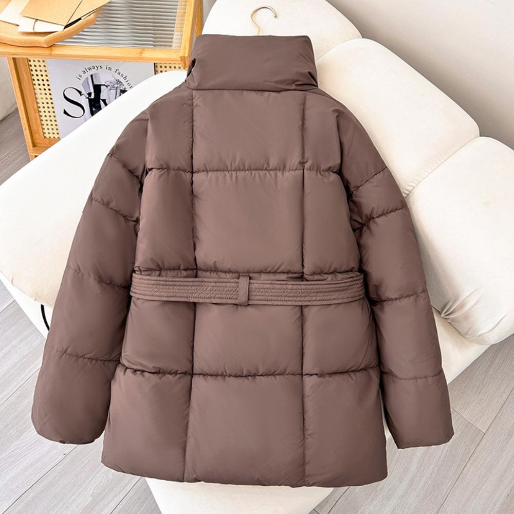 Women's Stand Collar Long Sleeve Raglan Sleeve Coat Loose Fit Casual Puffer Jacket with Waist Belt for Winter Wear