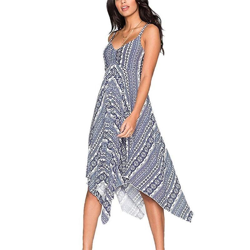 Fashion Summer Womens Sleeveless Vneck Dress With Irregular Printing And Strap Details