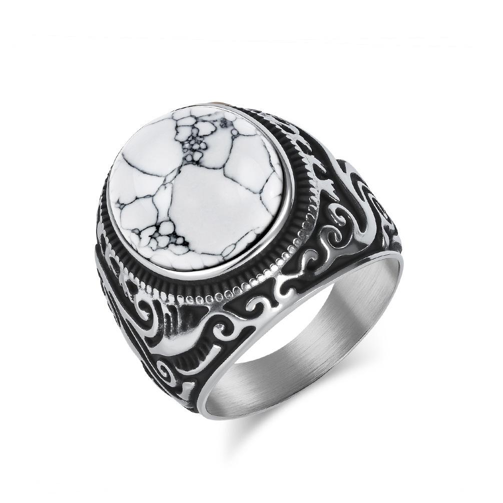 Vintage Carved Men's Ring with Tiger Eye  Turquoise Stone Inlay Black White Stainless Steel Thumb Ring Bohemian Style Jewelry for Him