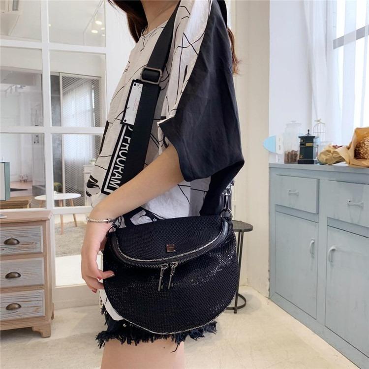 Shell Women's Bag Double Pull Head Sequined Mesh Shoulder Messenger Bag Casual Bag Wide Shoulder Strap Saddle Bag Korean Version Tide Bag
