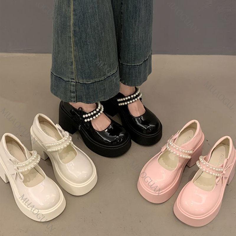 Fashion Pink Thick Bottom Mary Jane Shoes Women Spring Autumn New Sweet Pumps Fashion Pearl Retro Thick High Heel Loafers Women's Shoes