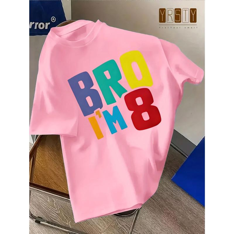 Children Crew Neck Short Sleeve T-Shirt with BRO I'M 8 Letter Print
