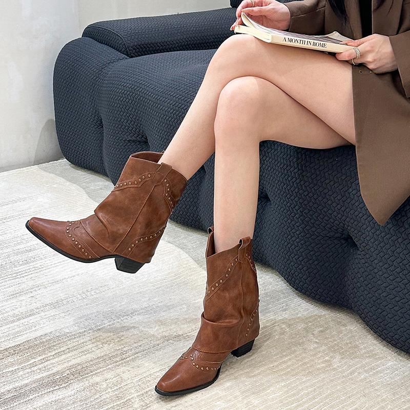 Fashion Vintage Trouser Legs Women Boots Fashion Rivet Slip On Shoes Female Thick Heel Western Cowboy Booties Zapatos De Mujer