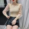 Autumn Slim Fit Elegant Mesh Panel Soft Style Short Knit Top Women's Long Sleeve