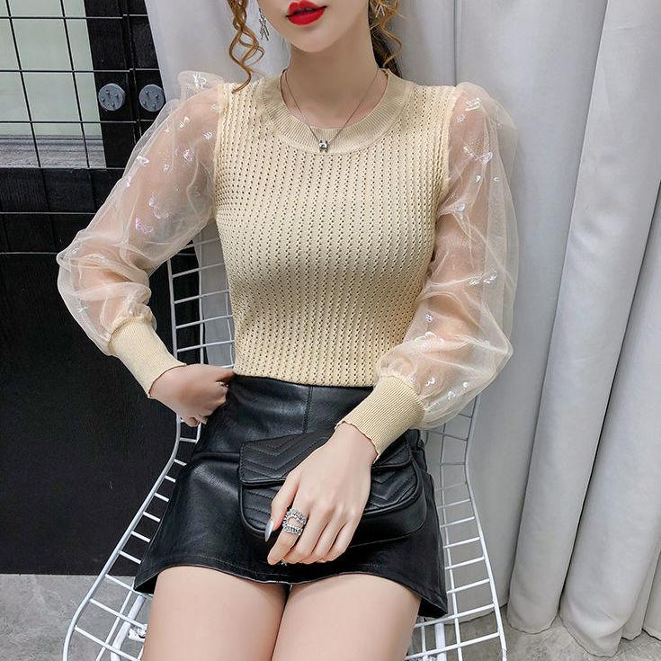 Autumn Slim Fit Elegant Mesh Panel Soft Style Short Knit Top Women's Long Sleeve