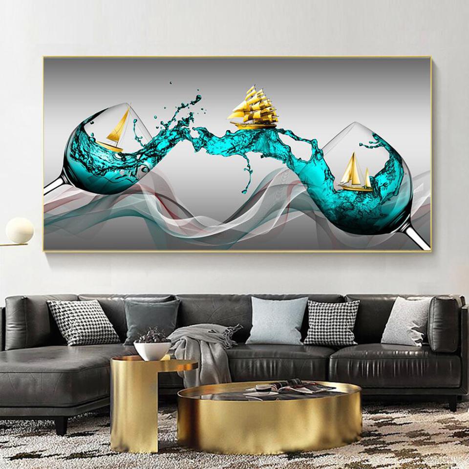 

Современные абстрактные золотые бокалы для вина, лодка, холст, живопись, постеры и принты, настенная картина для гостиной, домашний декор, без рамки 20*40cm