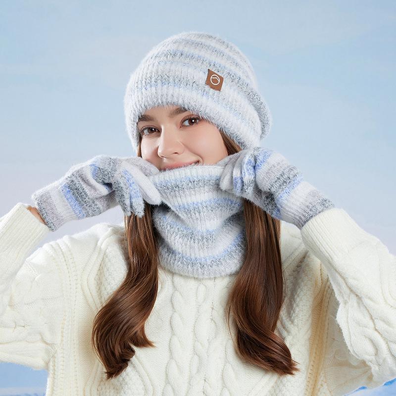 Hat Scarf Gloves Three-Piece Set Winter Outdoor Windproof Cold Warm Knitted Hat Women's Ear Guard Head Wool Hat