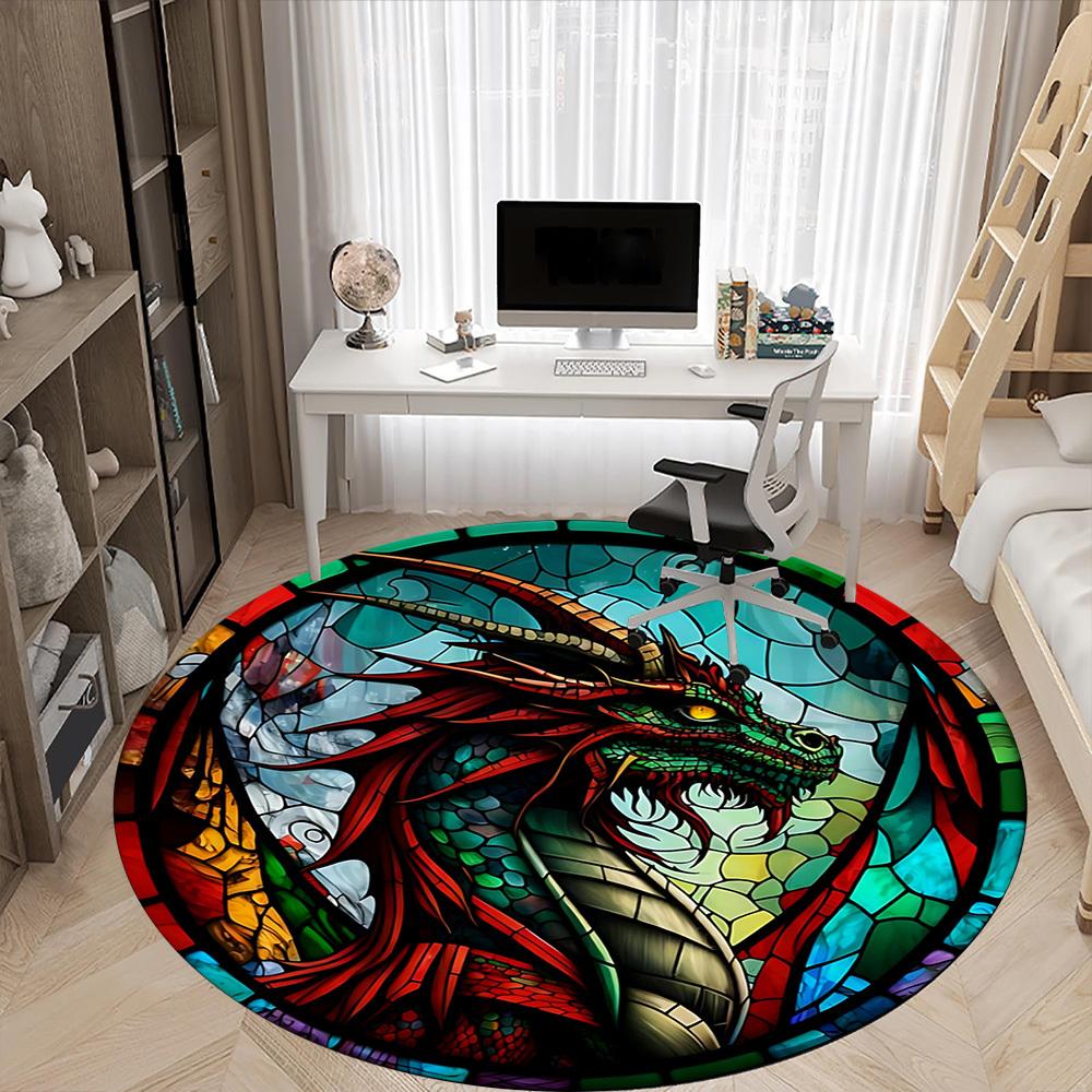 1 Stück Buntglas Drachen Stuhl Teppich für Büro Rutschfest, Maschinenwaschbarer Teppich für Büro - Feiertagsdeko Maschinell hergestellt yy251029089