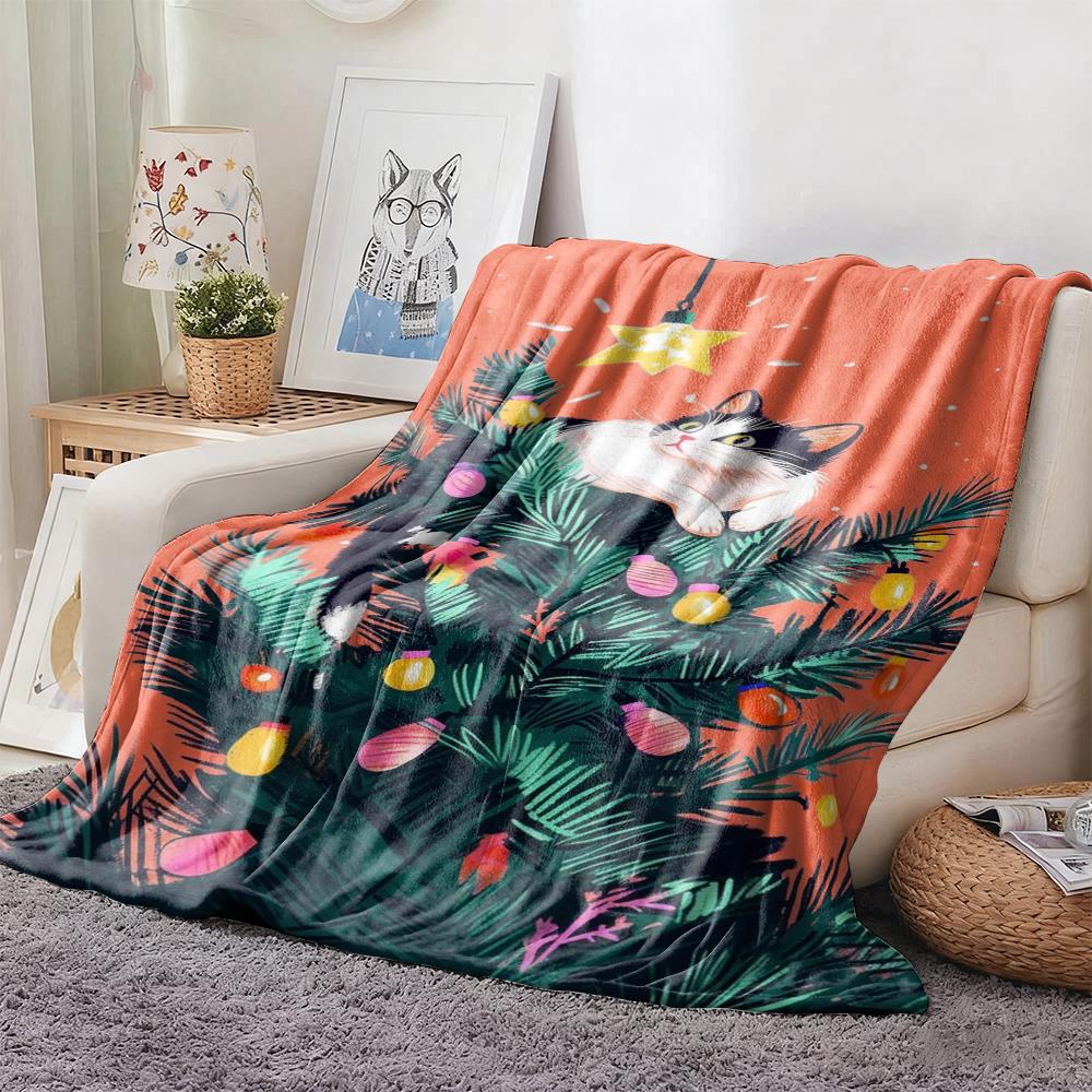 Kerst Kat in Boom met Lichtjes Sterpatroon Fleece Deken Feestelijke Winter Vakantie Werpdeken Zacht Knus voor Bank Bed Cadeau