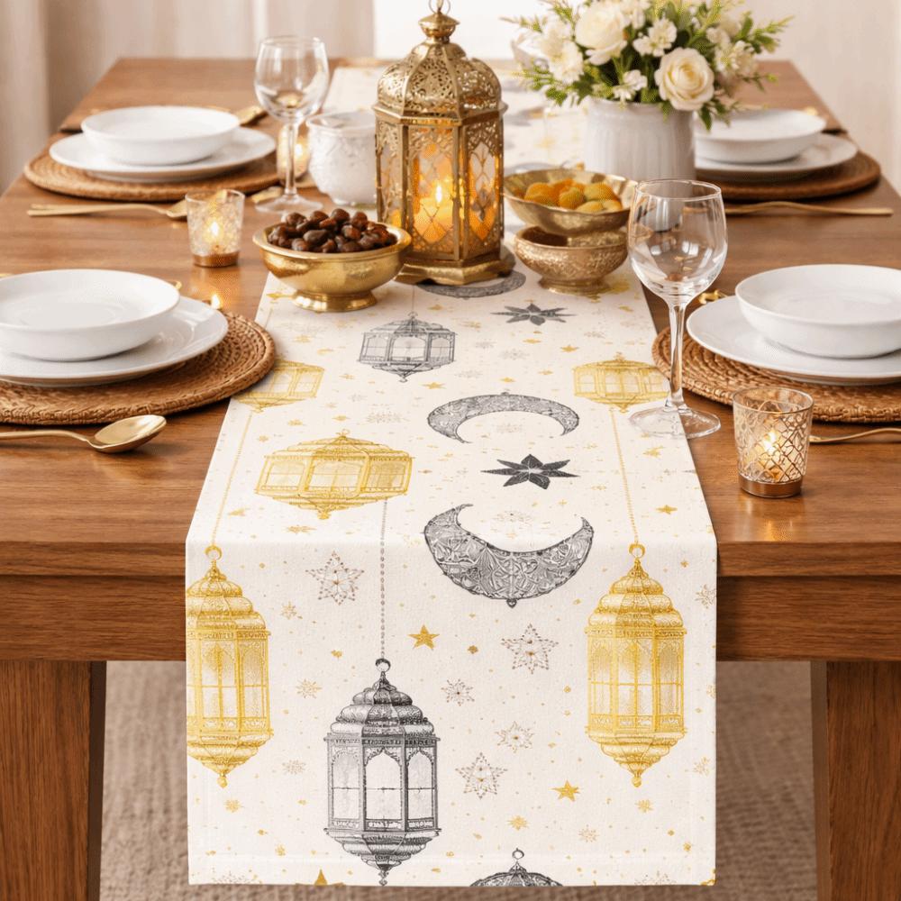 Floral Pattern Moon Star Table Runner Washable Eid Mubarak Table Runner  Home Decor