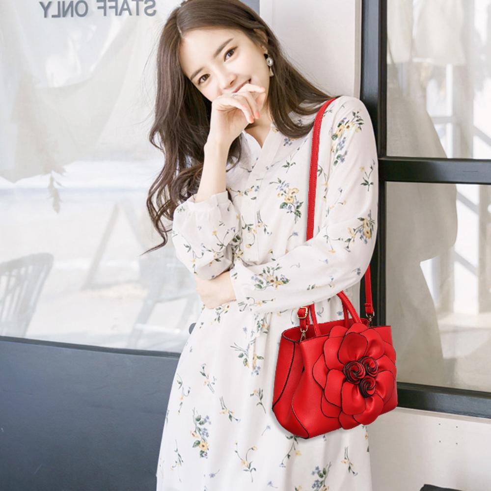 Women's Bag 2023 European and American Popular Women's Bag PU Leather Flower Handheld Shoulder Bag Red Bridal Bag Girl