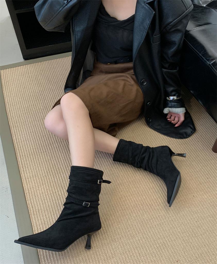 Fashion Fine Boots 2025 Autumn and Winter Thin Strap Pointed Suede Thin Heel High Boots But Knee High Heel Boots Women's Shoes