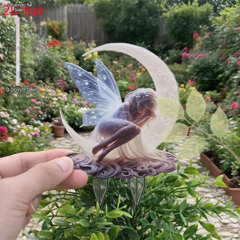 2D Flat Acrylic Moon Fairy Garden Stake Wooden Sign, Outdoor Gardens and Potted Landscapes Signs, Suitable for Wall Decoration, Porch, Room, Villa, Ac