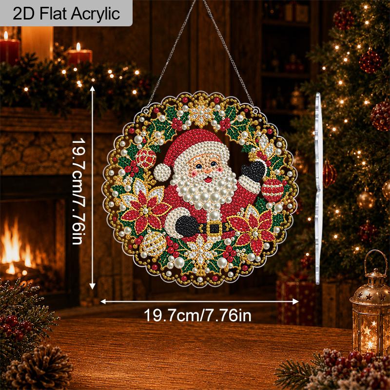 Christmas Acrylic Santa Wreath Pearl Painting Suncatcher,9.72/7.76In,DIY Ornament,Xmas Window Tree Wall Decor & Craft Gift