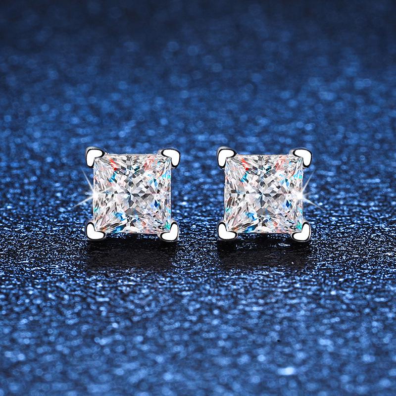 S925 Sterling Silver Princess Cut Irregular Moissanite Earrings for Women, PT950 Platinum-Plated, 1 Carat.