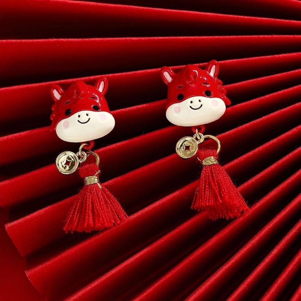 Tassel New Year Horse Earrings Flocking Horse Mascot Drop Earrings Luxury Red Pony Earrings  Girls