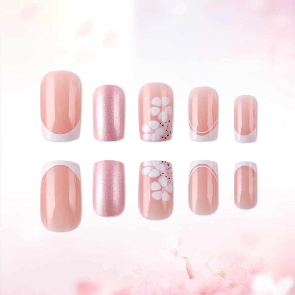 Spring/Summer Pearl Flower Wearable Nails with White French Tips - Bright Surface Manicure Set of 24 Detachable Pieces