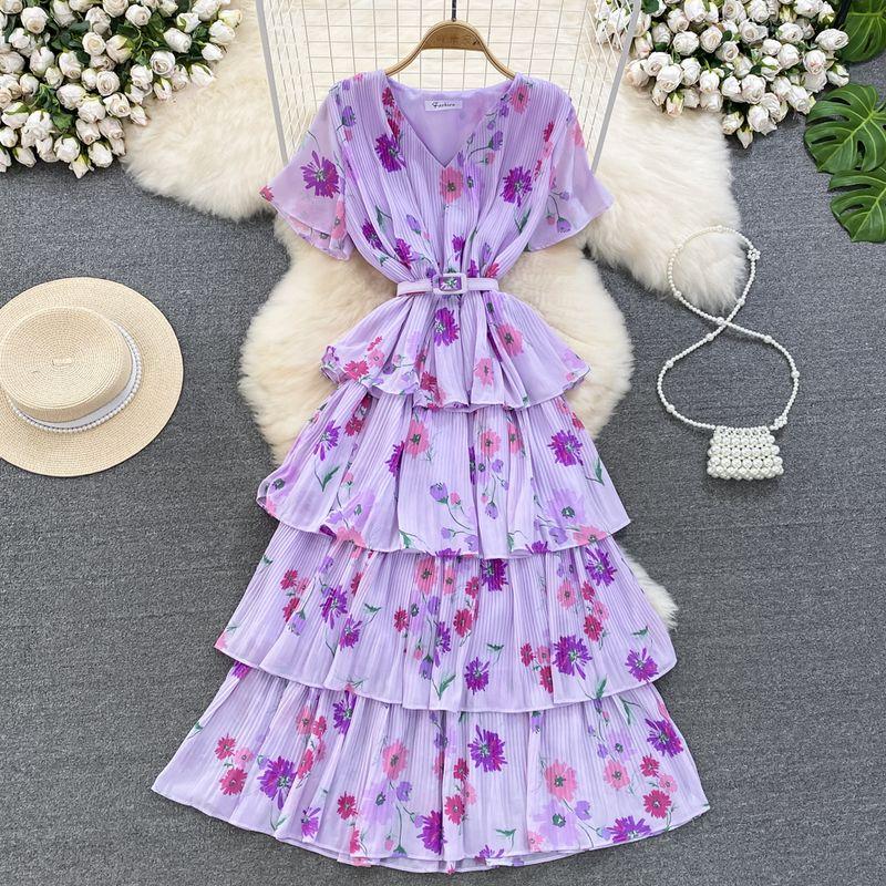 

Летнее платье А-силуэта в стиле Мори с плиссировкой в виде торта, с коротким рукавом Purple All yards