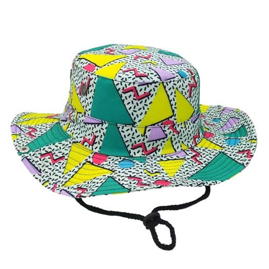

Bucket Hat Large Brim Colorful Geometric Pattern Fisherman Hat Secure Windproof Rope Portable Foldable Sun Protection C