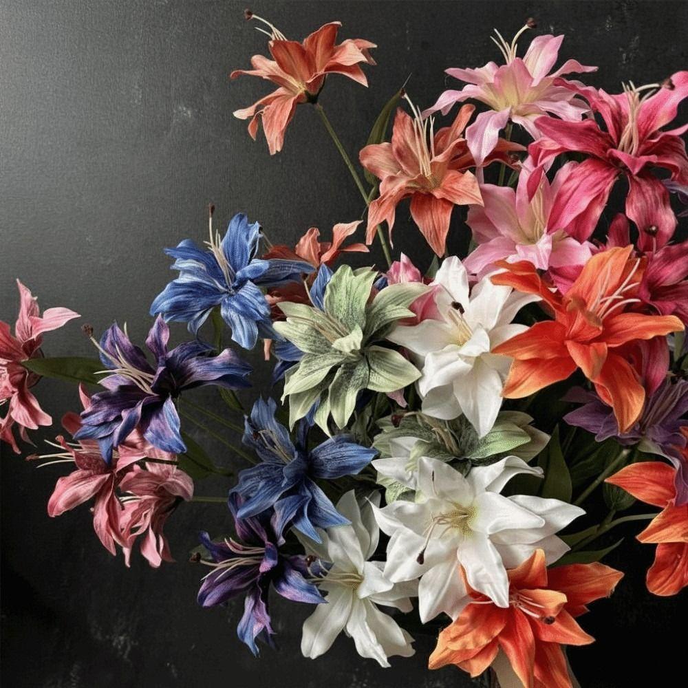 3-headed Lilies Artifiical Flower Branch 86cm Height with Green Leaves Simulation Flower Flexible Stems Lily Fake Flower