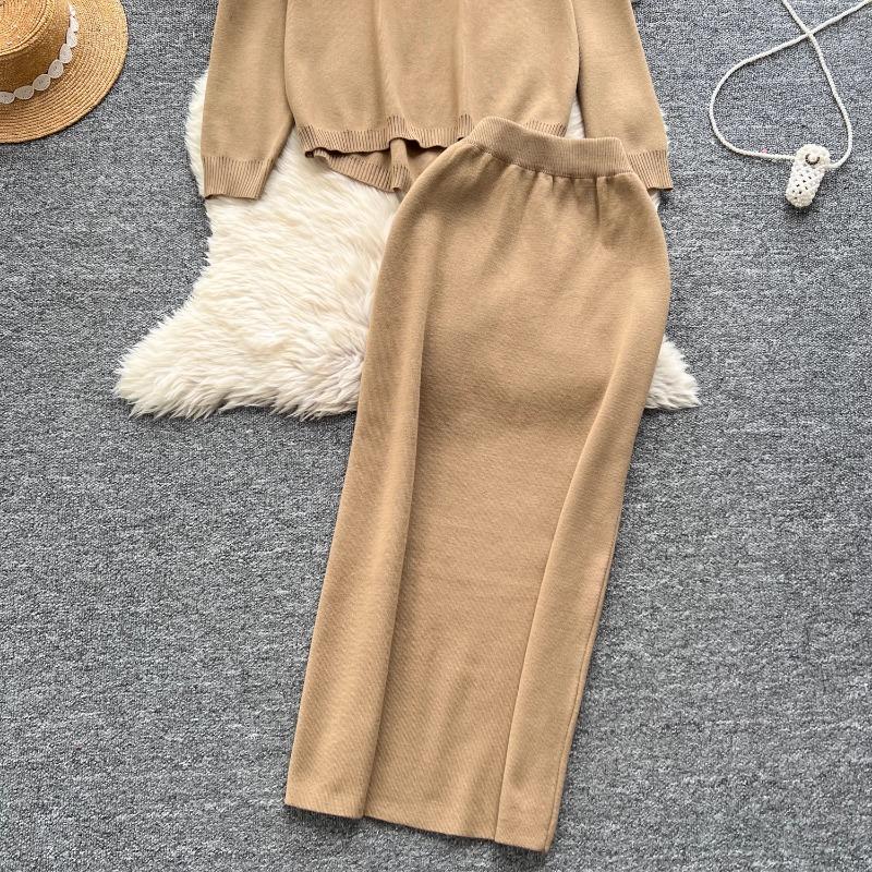 Tvådelat set Damkläder Mild Stil Lättslappig Lös passform Pullover O-hals Långärmad Stickad Tröja Midi Bodycon Kjolar