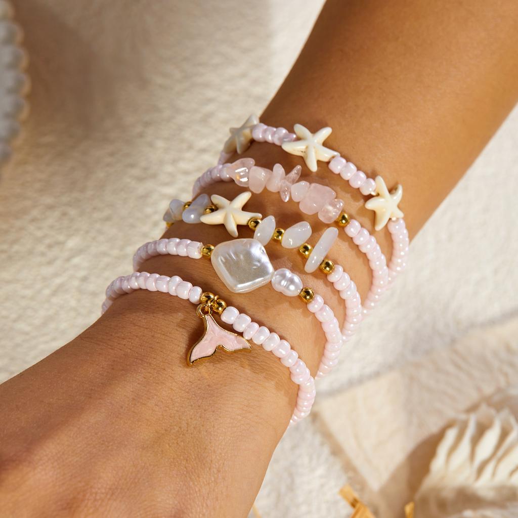 Sweet Pink Rice Bead Bow Bracelets Set for Women Bohemian Summer Shell Starfish Flower Bracelets Trendy Multi Layer Jewelry