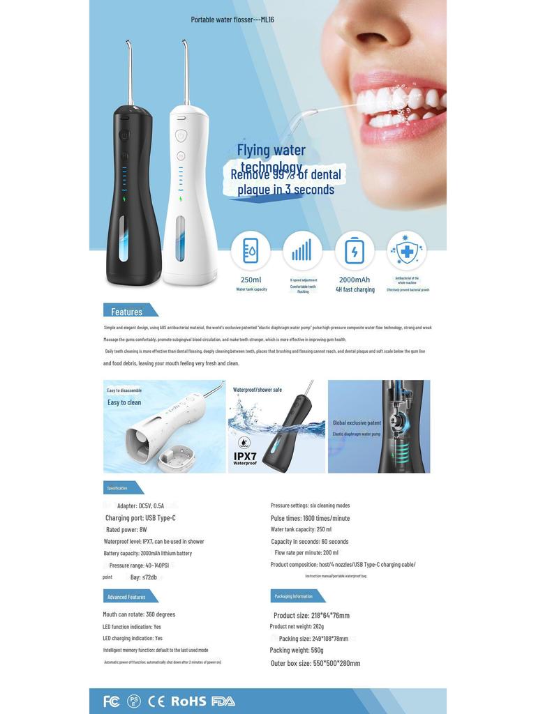 Dual Action Portable Dental Irrigator with Large Water Tank
