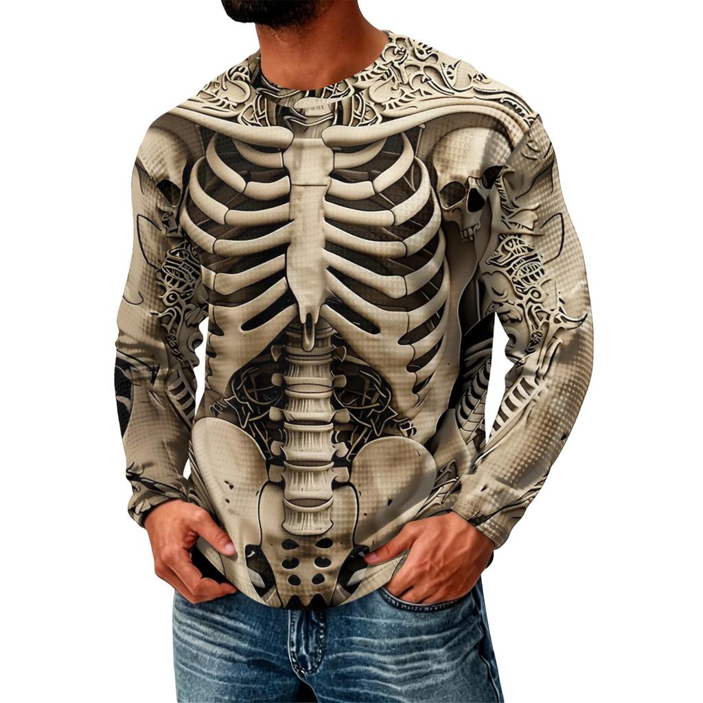 Men's Casual Knit Long Sleeve Neck T-Shirt with Halloween Print for Parties and Fall Daily Wear