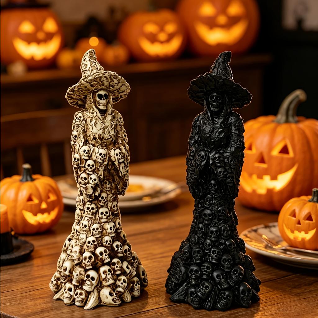 Dark Gothic Skull & Witch Resin Statue for Halloween Decor, Tattoo Shops, and Horror Collectibles