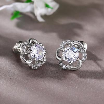 Neue Silber Farbe Blume Ohrringe für Frauen Intarsien Glänzend Weiß Zirkonia Romantische Braut Hochzeit Ohr Stud Mode Schmuck