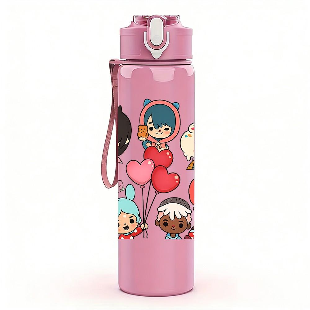 1PC Colorful Kids Character Group Print 750ml Color Plastic Sports Water Bottle Leakproof Flip Straw Lid Suitable for Sports Office Home Use