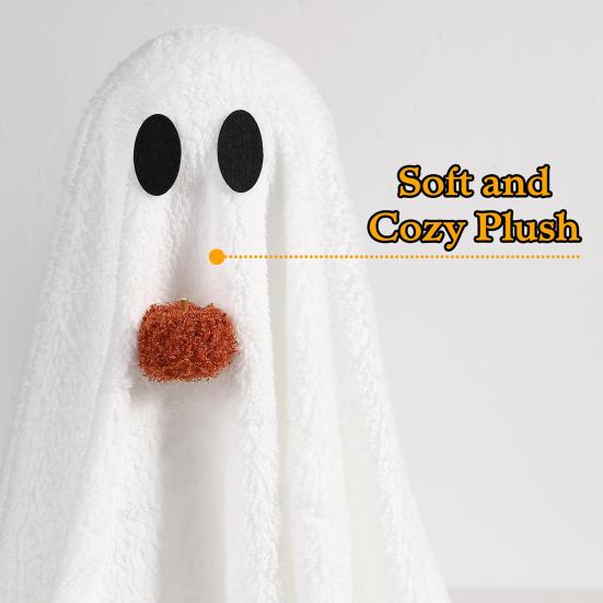 Halloween Lighted White Ghost Spooky LED Light-Up Velvet Cloth Ghost with Pumpkin for Holiday Home Kitchen Fireplace Tabletop Decor
