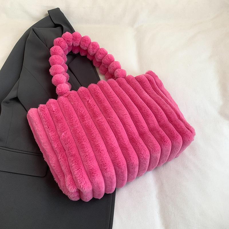 New Fashionable Solid Color Simple Casual Plush Portable Shoulder Underarm Bag Beautiful Fluffy Portable Handbag