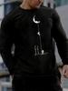 Men's Loose Fit Comfortable Casual Sports Landing Moon Pattern Printed Round Neck Long Sleeved T-Shirt Top