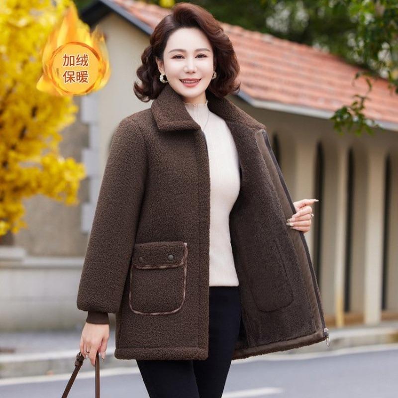 Winter solid color granular fleece new fleece lapel warm long top medium loose coat