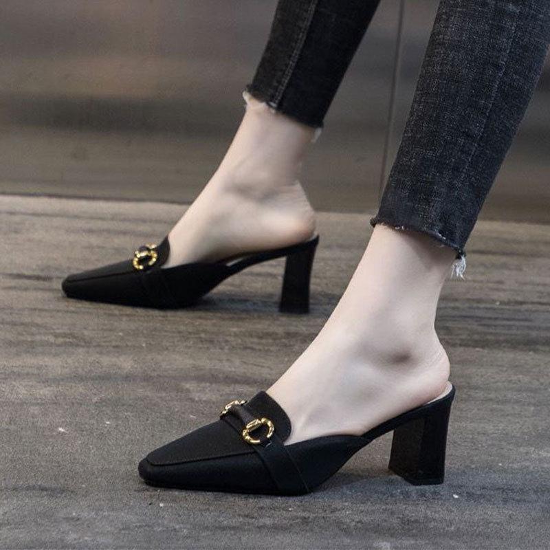 Fashion half-drag high-heeled cool slippers women's summer wear 2025 new spring and autumn one-pedal lazy bag head drag women