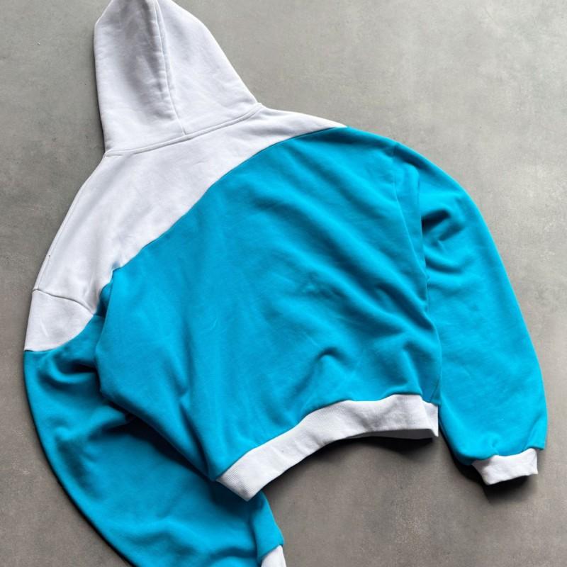 Womens Vintage Tennis Cartoon Embroidery Hoodie Blue White Contrast Casual Loose Zip Up Jacket