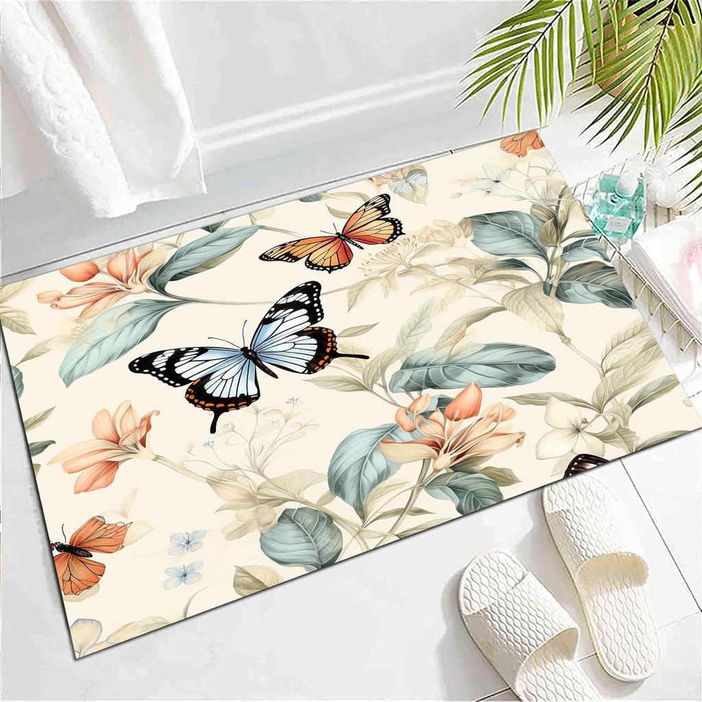 Wild Animal Butterfly Carpet Spring Garden Plant Floral Rug for Bedside Sofa, Botanical Flower Floor Mat Home Entrance Doormat