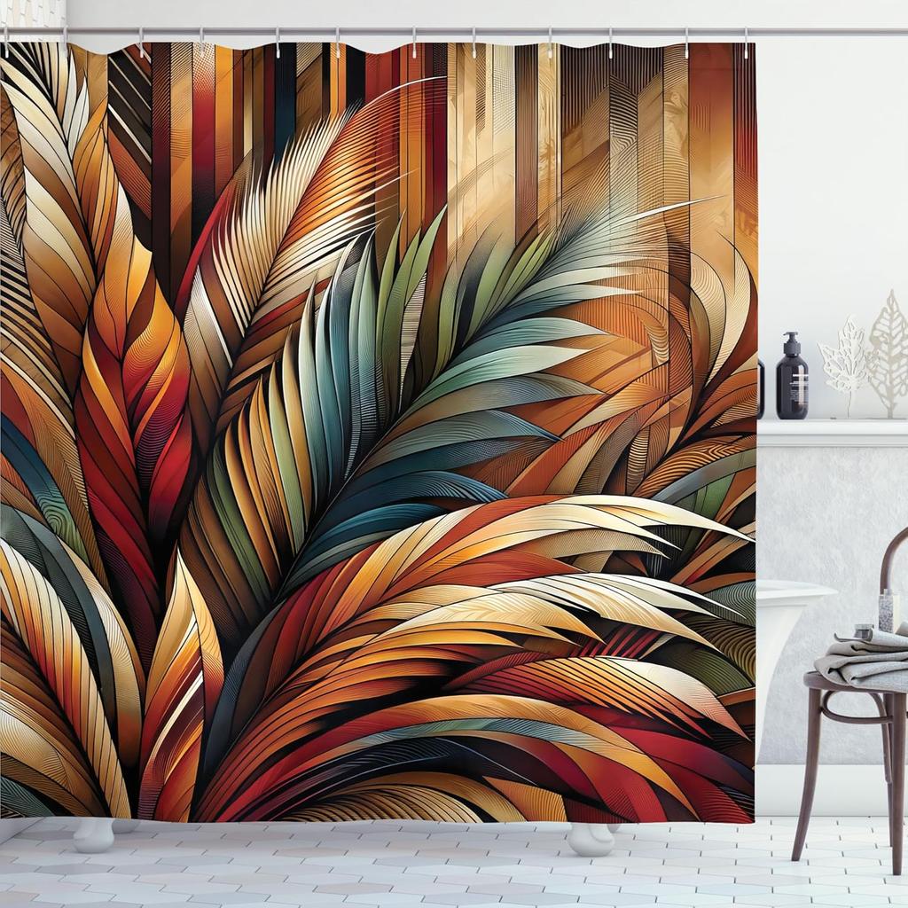 Aesthetic Boho Shower Curtain, Bold Exotic Leaves In Warm Tones, Rustic Burnt Orange Teal Blue, Fabric Set With Hooks