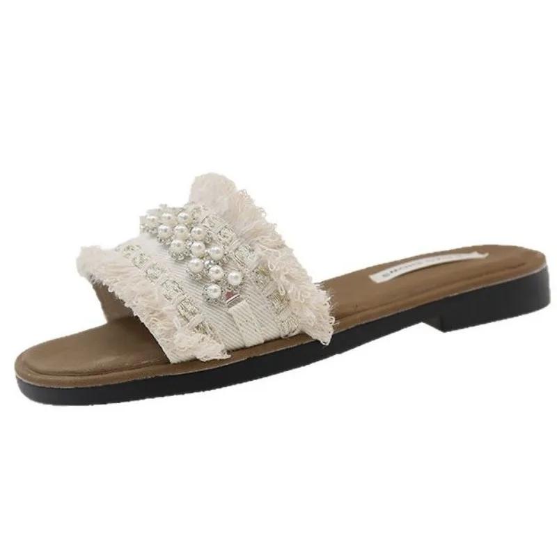 Fashion Hot Selling Summer Fashionable Sexy Light Casual Women's Shoe Comfortable Square Head Pearl Decoration Solid Color Flat Slippers