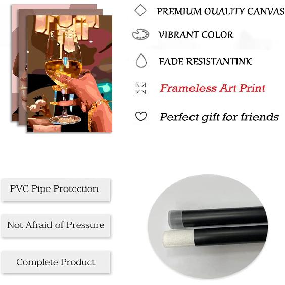 LQOZTBX 3Pcs Black Girl Wall Art Fashion African American Canvas Paintings Black Women Posters Nail Art Pictures Champagne Prints Boho Aesthetic Wall