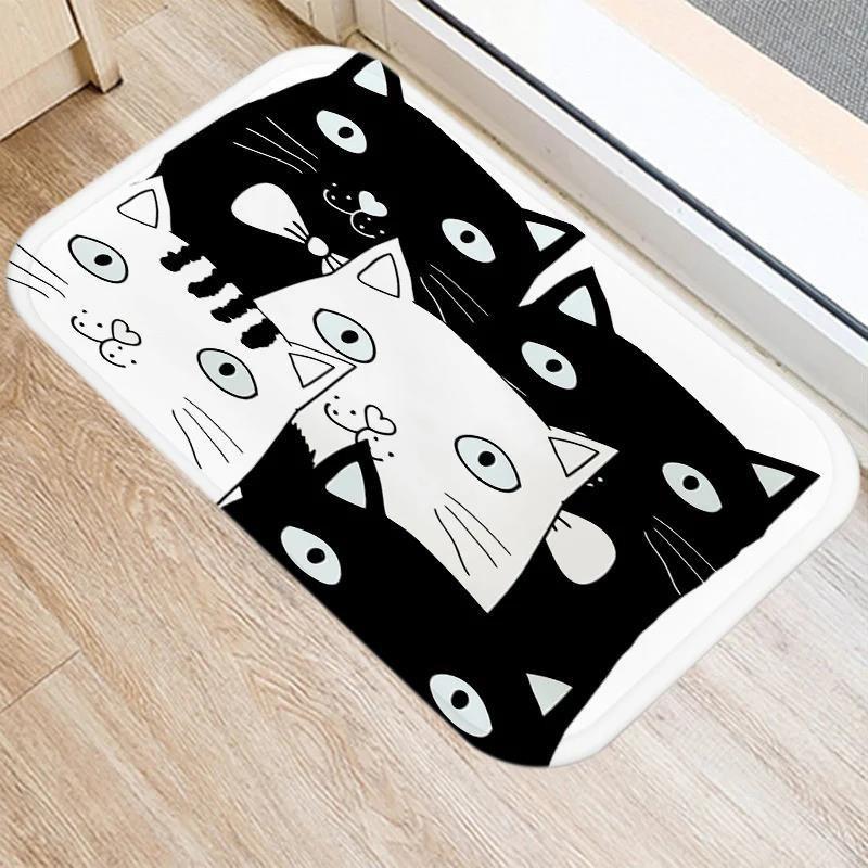 Cute Cartoon Cat Faces Carpet Black White Kawaii Minimalist Home Decoration Rug Kitchen Balcony Living Room Non-slip Floor Mat