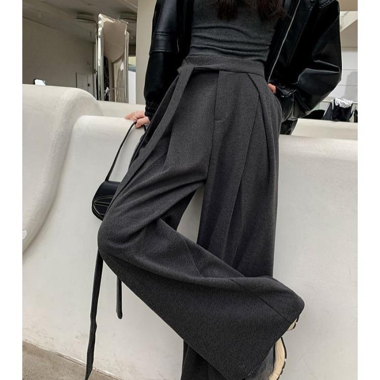 High Waist Wool Trousers Women Loose Casual Wide Leg Winter Tie Waist Design Long Pants